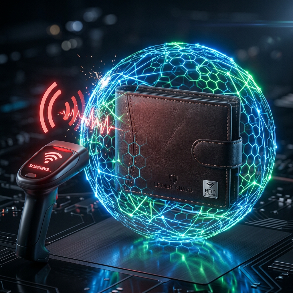 Concept showing a wallet protected by Credifence Protector creating a safe glowing blue field that jams scanners