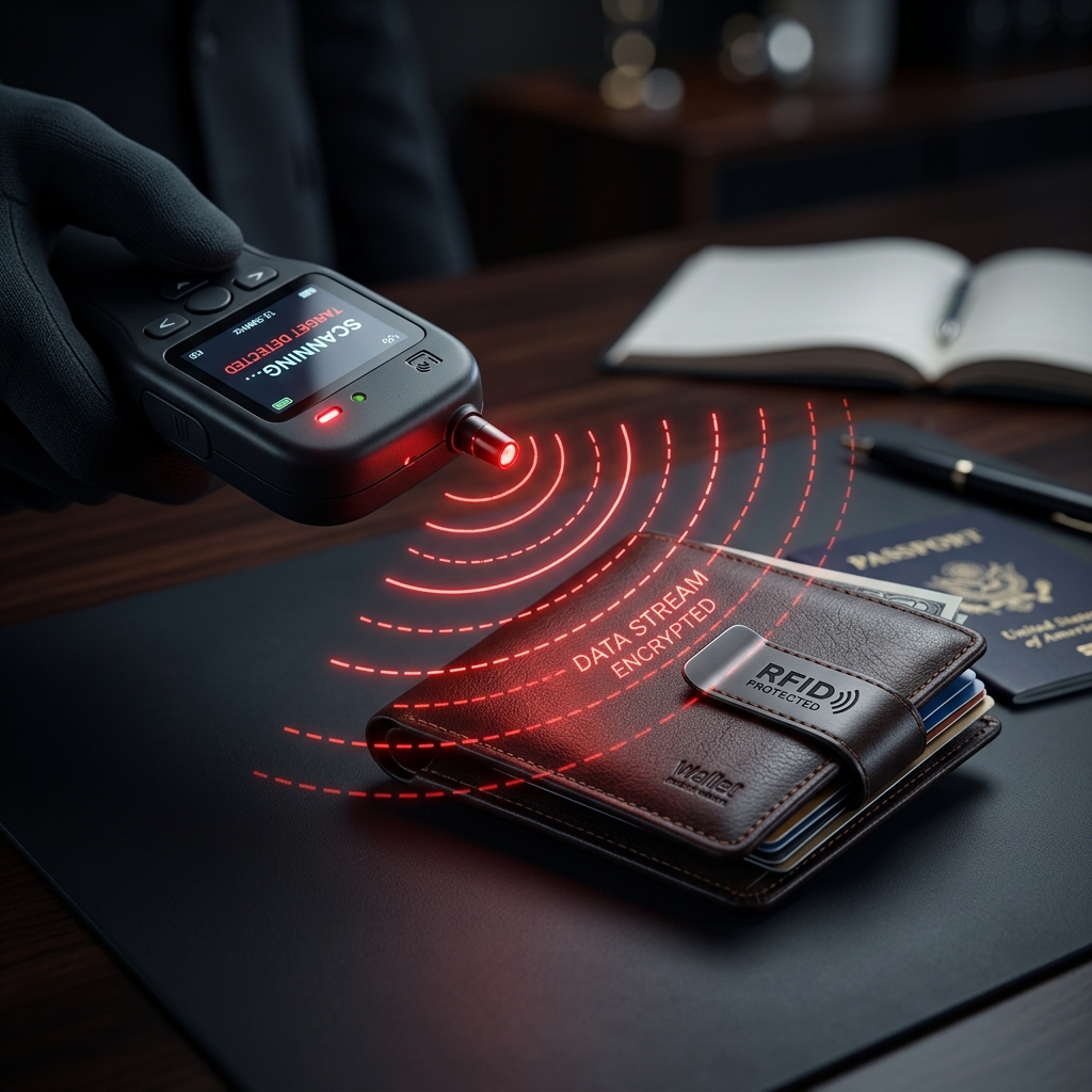 Concept showing a leather wallet being scanned by a handheld digital scanner with red warning lines